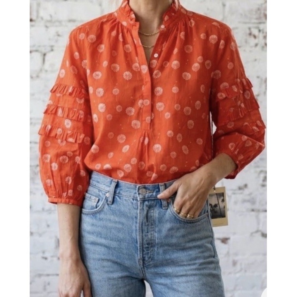 Trovata Top Cotton Ruffle CottageCore Prairie Whimsical Boho Peasant Puff Sleeve
